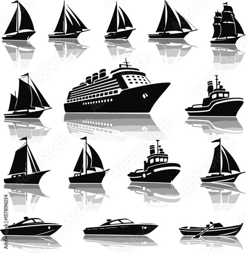 Vector art of assortment of maritime watercraft silhouettes