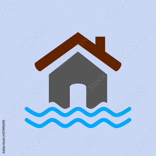 Flood disaster sign. natural tsunami damaged home vector icon. Flood warning sign