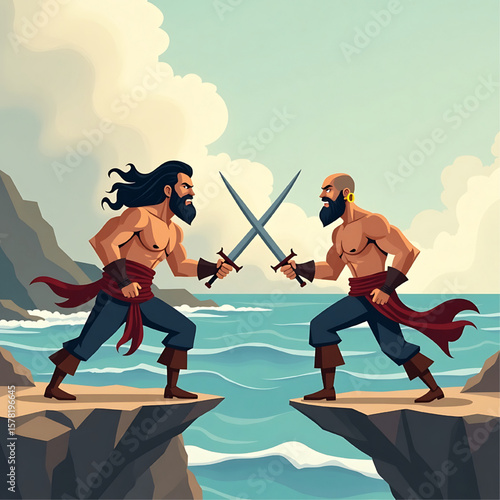 Two muscular pirates clash swords on rocky outcrops overlooking a turbulent sea.