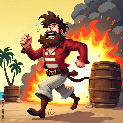 A panicked pirate runs away from a fiery explosion on a tropical beach.