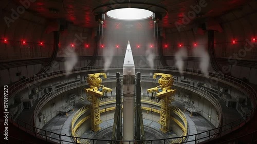 Ballistic Missile Standing Ready in an Underground Silo with Flashing Red Warning Lights