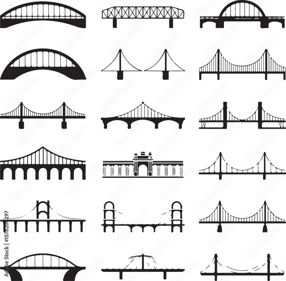 Obraz premium Suspension Bridge Silhouette Vector IllustrationUrban Bridge Icon Design for Architecture or Travel ThemesSilhouette of a City Bridge Isolated on WhiteVector Bridge Silhouette for Skyline or Tra