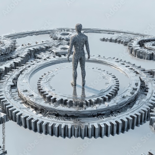 futuristic human figure standing on complex gear platform symbol of logical structure