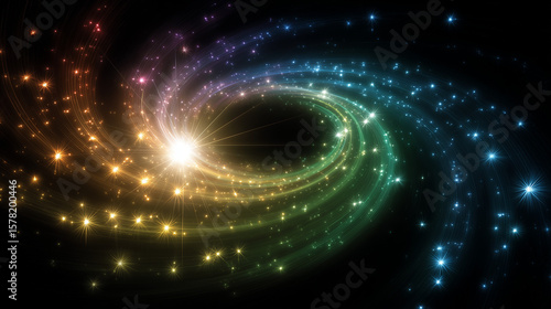 Bright spiral rainbow colored light effect with star flare and glowing sparkles on a black background