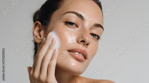 Woman Washes Face with Foam Cleanser