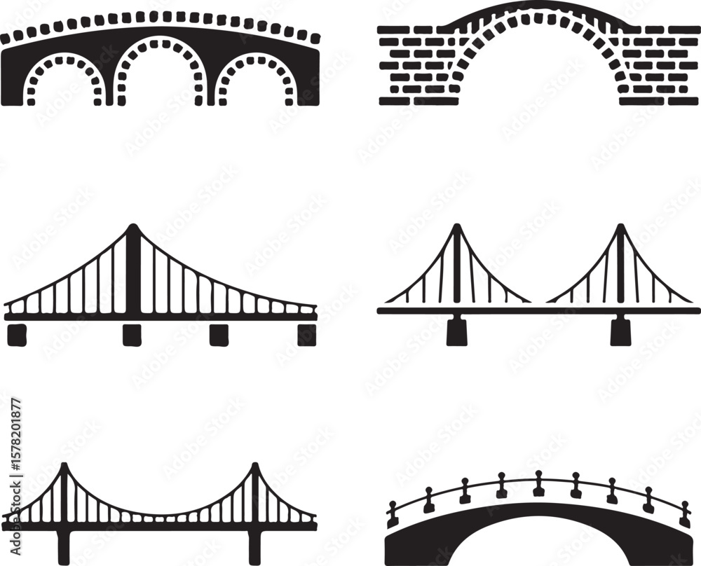 Obraz premium Suspension Bridge Silhouette Vector IllustrationUrban Bridge Icon Design for Architecture or Travel ThemesSilhouette of a City Bridge Isolated on WhiteVector Bridge Silhouette for Skyline or Tra