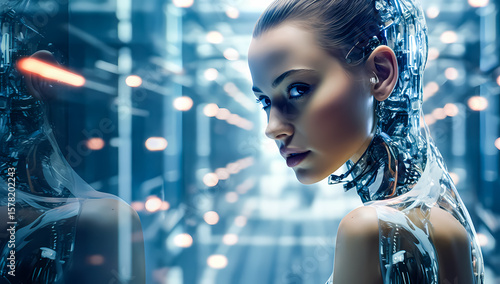 Futuristic female cyborg portrait with intricate cybernetic details and glowing elements. AI, robotics, and advanced technology concept for a sci-fi vision. Cyborg 4K Wallpaper backgrounds	