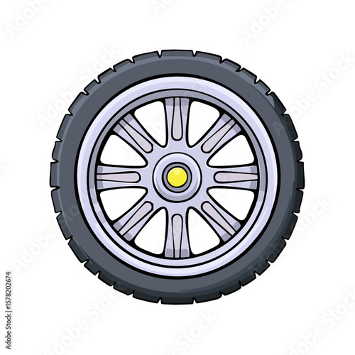 Car tire with a silver rim suitable for automotive industry graphics, car repair shops, transportation themes, and automotive product advertisements.