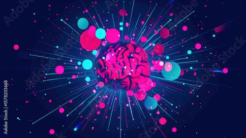 flat design AI brain generating social media posts in colorful bursts pink and cyan on brain .