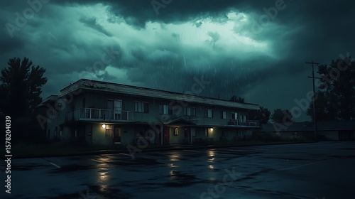 Apartment building under stormy night sky