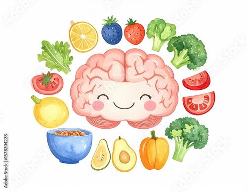 Smiling cartoon brain surrounded by fruits and vegetables in watercolor style promoting brain health through healthy eating
