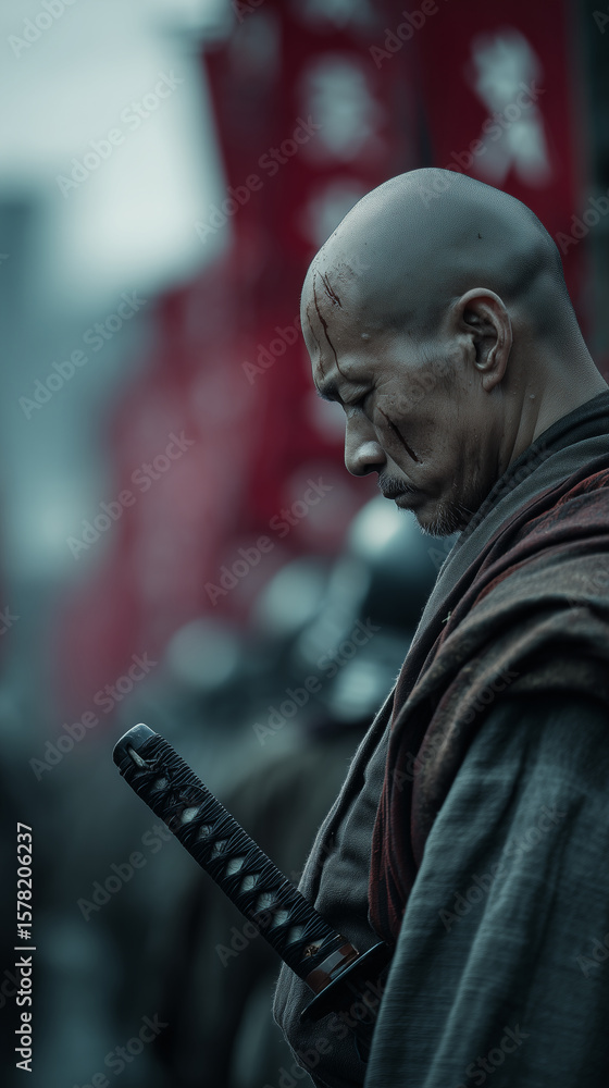 Samurai Warrior Standing Before Battle with Red Banners in Background Samurai Warrior Standing Before Battle with Red Banners in Background