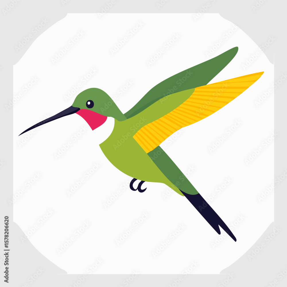 Naklejka premium Vibrant Cartoon Hummingbird in Flight with Detailed Wing and Throat Colors