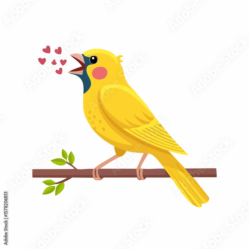 Cartoon canary singing love songs, perched on a branch with green leaves