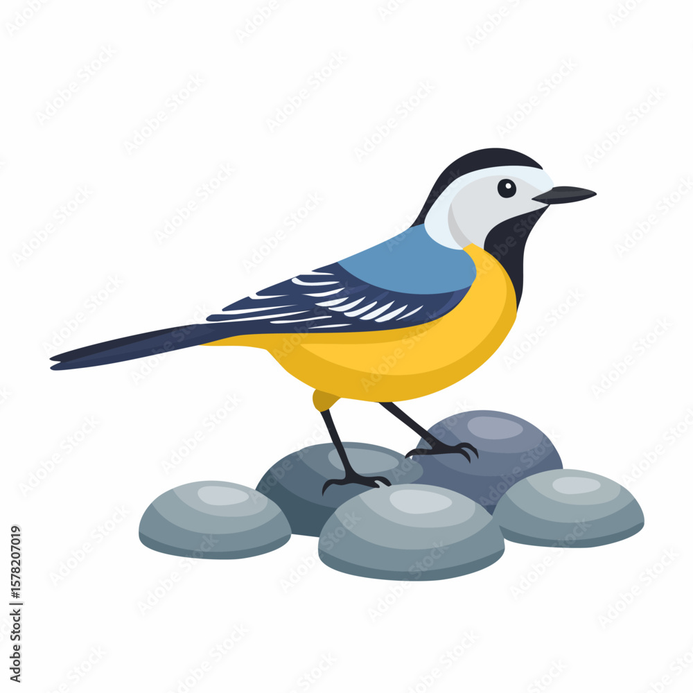 Obraz premium Stylized Yellow-Bellied Bird Perched Atop Smooth Gray Stones, Facing Right