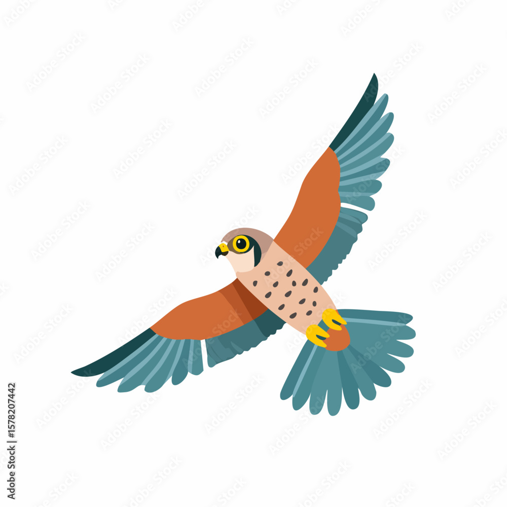 Obraz premium Cartoon Kestrel in Flight with Detailed Feather and Wing Design