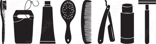 Hair Care Essentials Illustration Featuring Combs, Brushes, and Bottles in Minimal Grooming Product Layout.