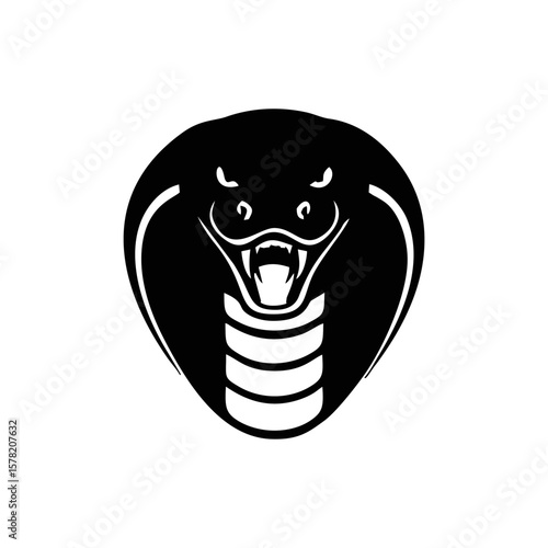 A powerful black silhouette vector illustration of a cobra head, with its hood spread and fangs exposed, conveying a sense of danger and intensity. Ideal for logos, symbols. 