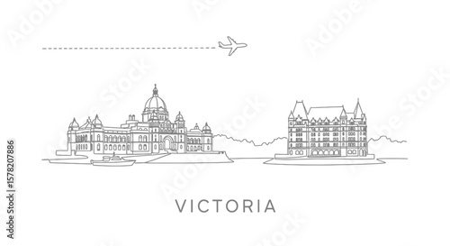 Victoria Canada Skyline with Line Art, and Travel.