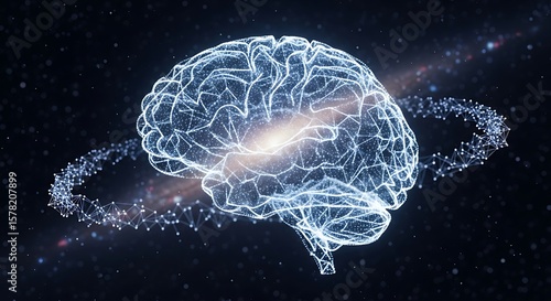 Digital Brain with Neural Network Connections in Dark Space, Artistic Rendering of a Brain with a Connected Network of Nodes and Lines