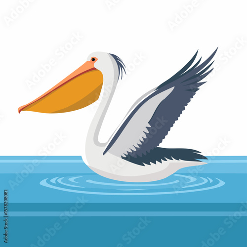 Cartoon Pelican with Orange Beak Floating on Blue Water Surface