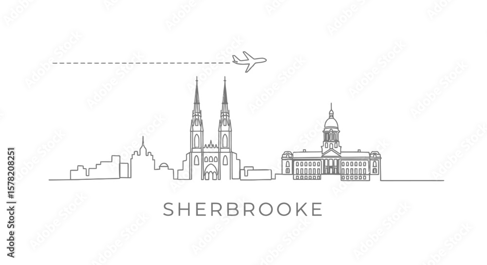 Fototapeta premium Sherbrooke Skyline Line Art with Airplane, and Canada.