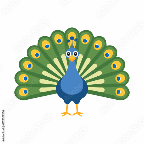 Cartoon Peacock with Fanned Green and Blue Tail Feathers