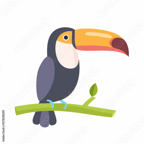 Colorful Cartoon Toucan Perched on a Green Branch with Leaf Detail