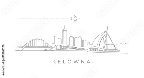 Kelowna Skyline with Line Art, Airplane, and Minimal.