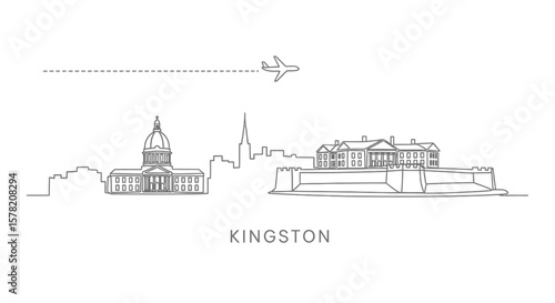 Kingston Skyline with Minimalist Art, and Airplane Icon.
