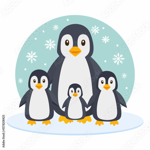 Happy Penguin Family Winter Scene Illustration