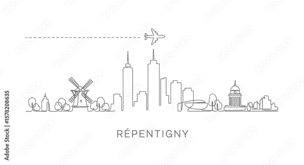 Obraz premium Repentigny Skyline Vector with Airplane, and Line Art.