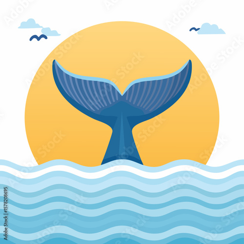 Whale Tail Diving into Blue Ocean Waves at Sunset