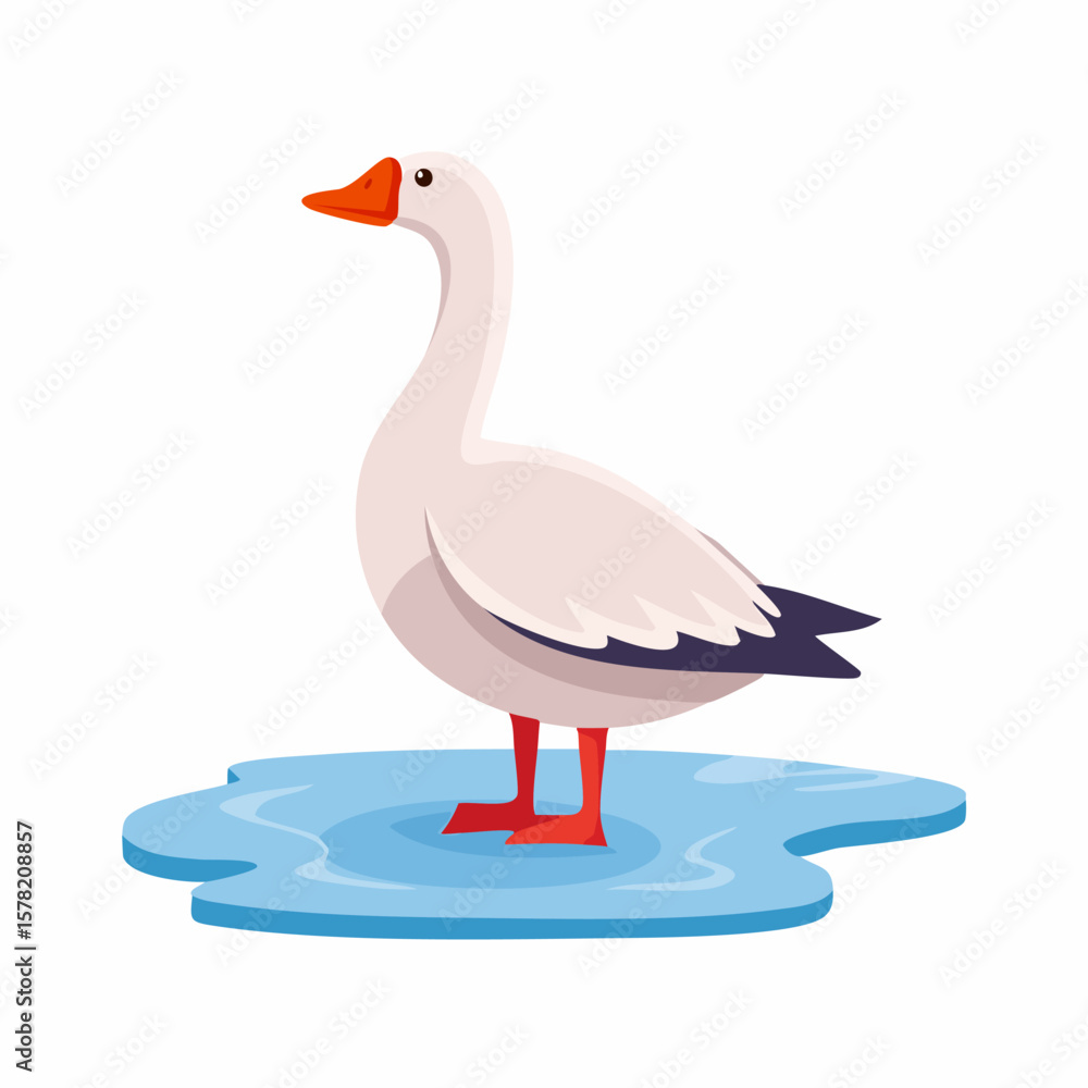 Obraz premium Cute Cartoon Goose Standing on a Frozen Pond