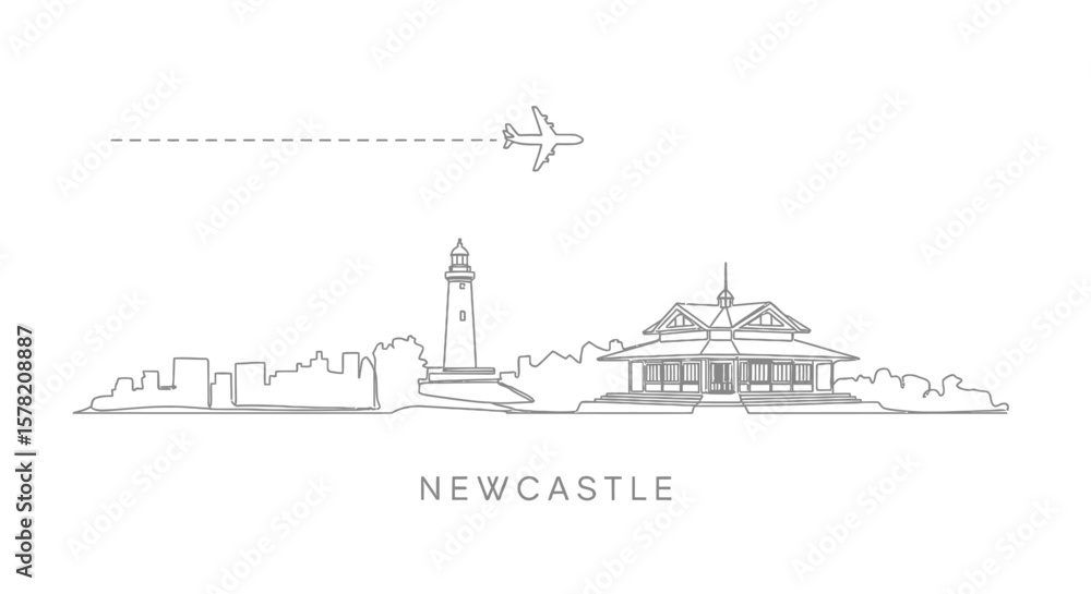 Fototapeta premium Newcastle skyline with vector, minimalist, and airplane.