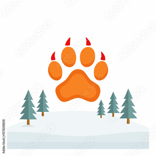 Large Orange Clawed Paw Print Over Winter Landscape
