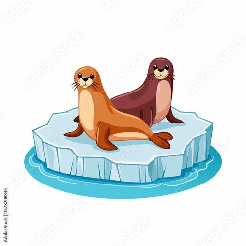 Two Cartoon Seals Relaxing on an Ice Floe