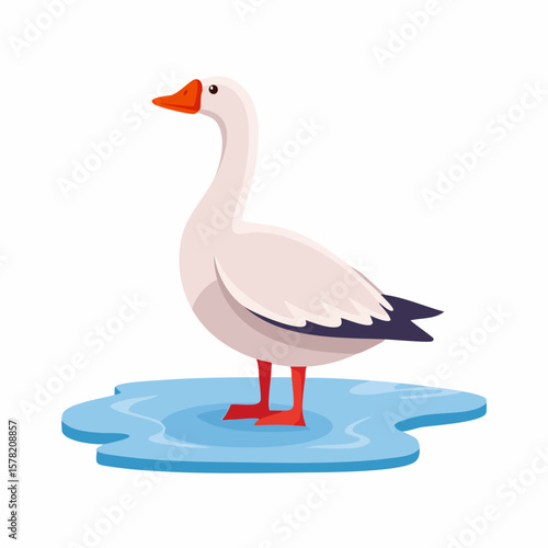 Cute Cartoon Goose Standing on a Frozen Pond
