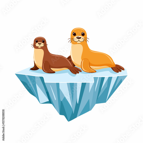 Two Cartoon Seals Resting on a Floating Iceberg, Smiling Happily