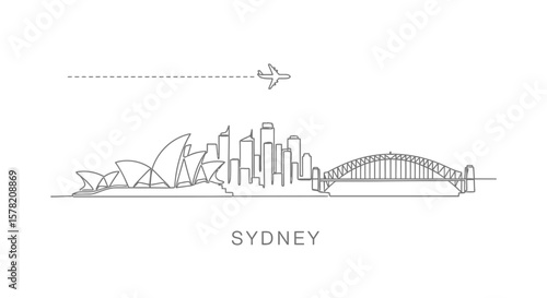 Sydney skyline vector with plane travel icon.