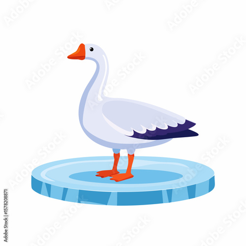 A Snowy Goose Perched on a Frozen Ice Disc