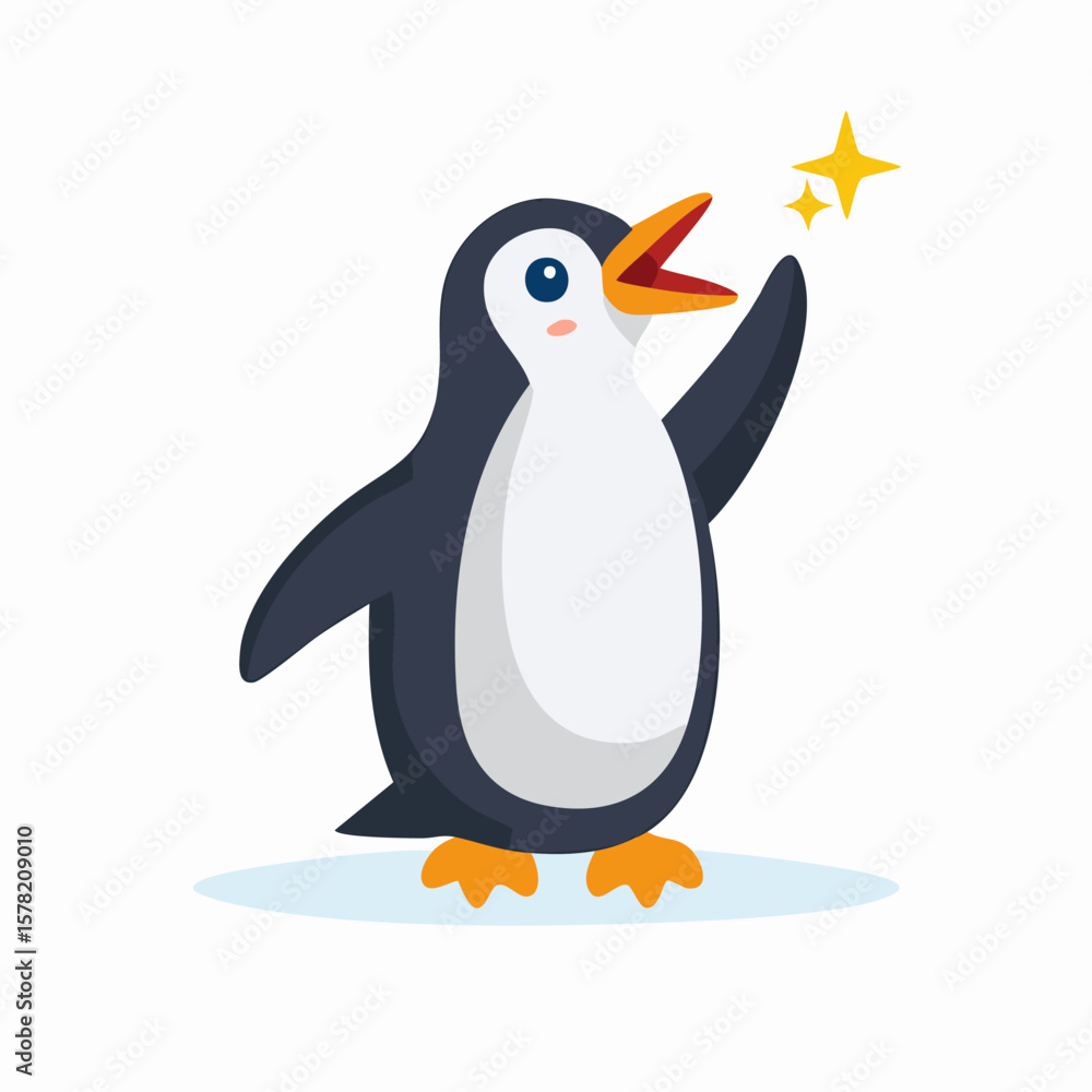 Obraz premium Cartoon Penguin Reaching for Stars with Open Beak and Raised Wing