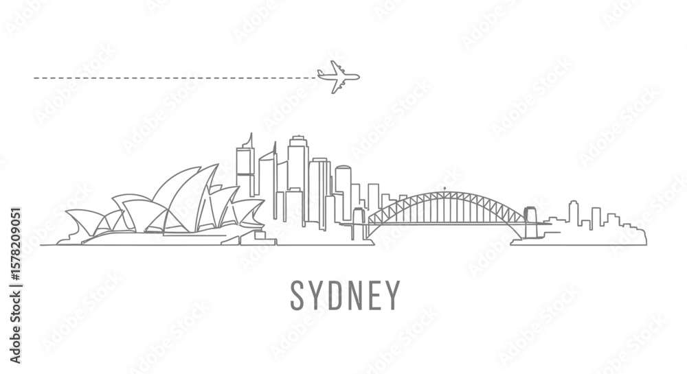 Naklejka premium Sydney Skyline Line Art with Travel, and Airplane.