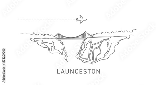 Launceston with Tasmania Travel icon, and line art.