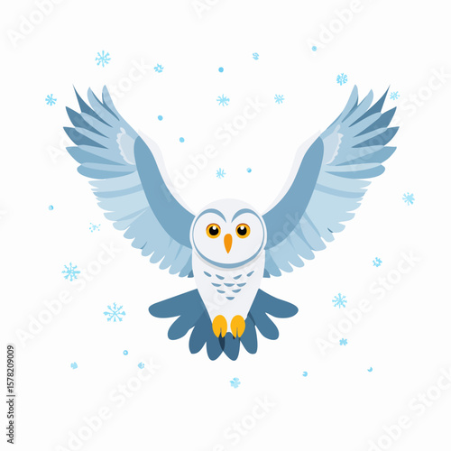 Snowy Owl in Flight Amidst Falling Snowflakes