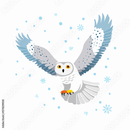 Stylized Snowy Owl in Flight with Blue Accents and Snowflakes