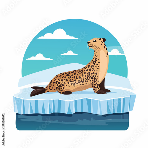Leopard Seal Resting on Arctic Ice Floe under a Blue Sky