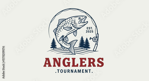 Anglers Tournament 2025 Logo: Leaping Trout with Fishing Rod and Reel, Line Art Style