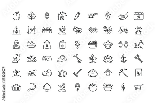 Collection of Agriculture and Farming Related Icons in a Clean Line Art Style