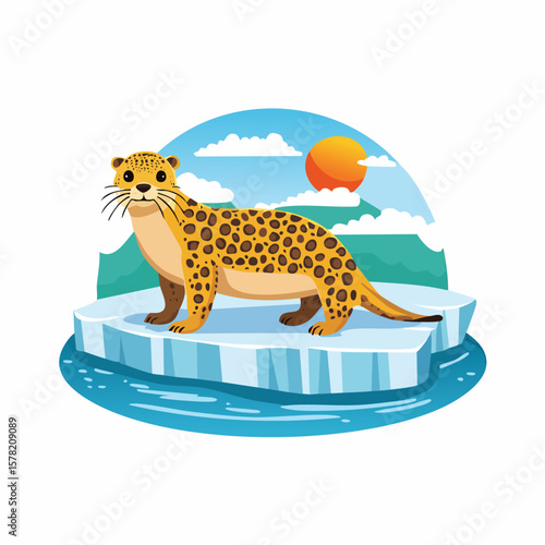 Spotted Seal on Ice Floe with Sunset and Mountains